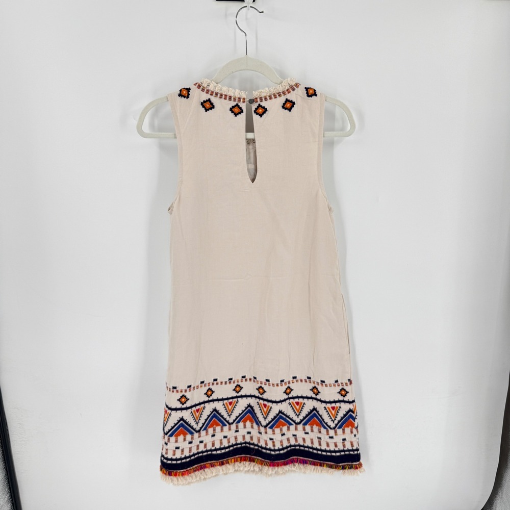 Anthropologie Akemi + Kin Reagan Shift Dress Embroidered Fringe Linen Size 2 - Picture 3 of 8